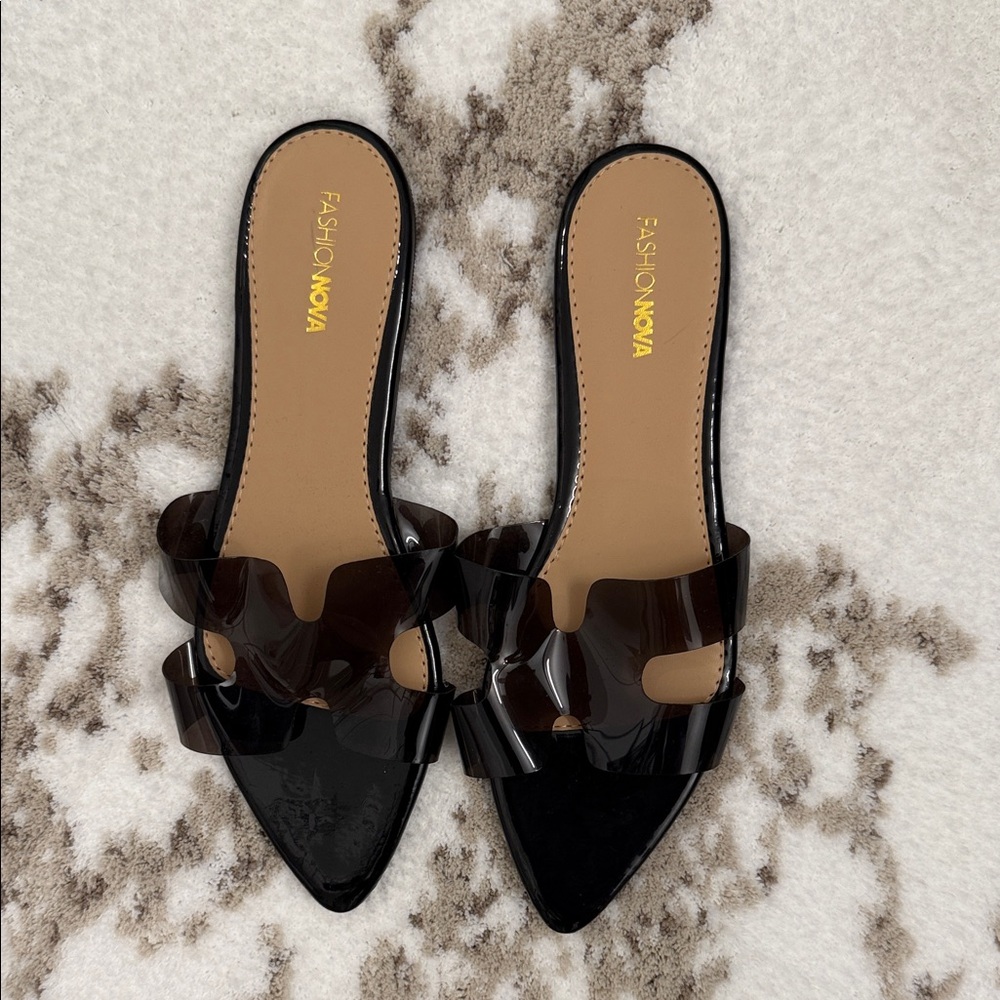 Fashion Nova Glossy Black Slide Sandals
